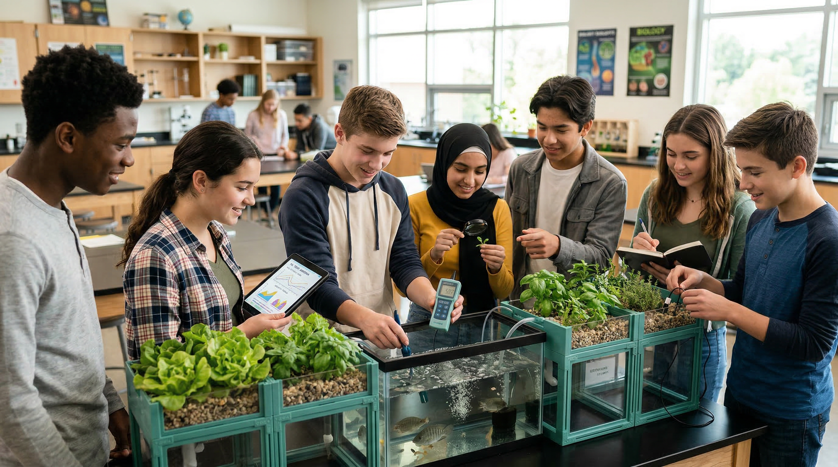 Students gathered around an aquaponics system, examining sensors and plant growth