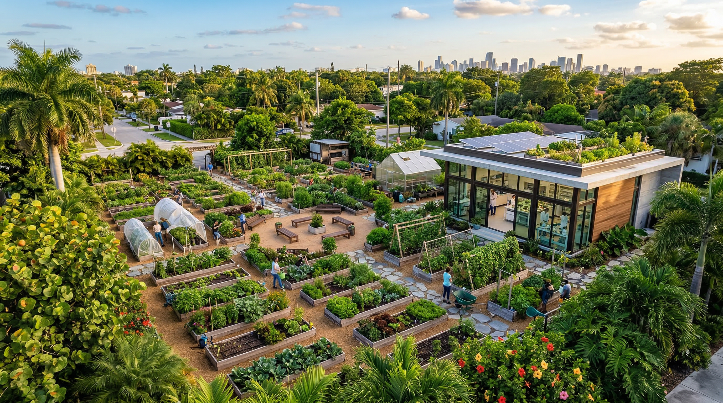 Aerial view of a Miami community garden with modern R&D lab