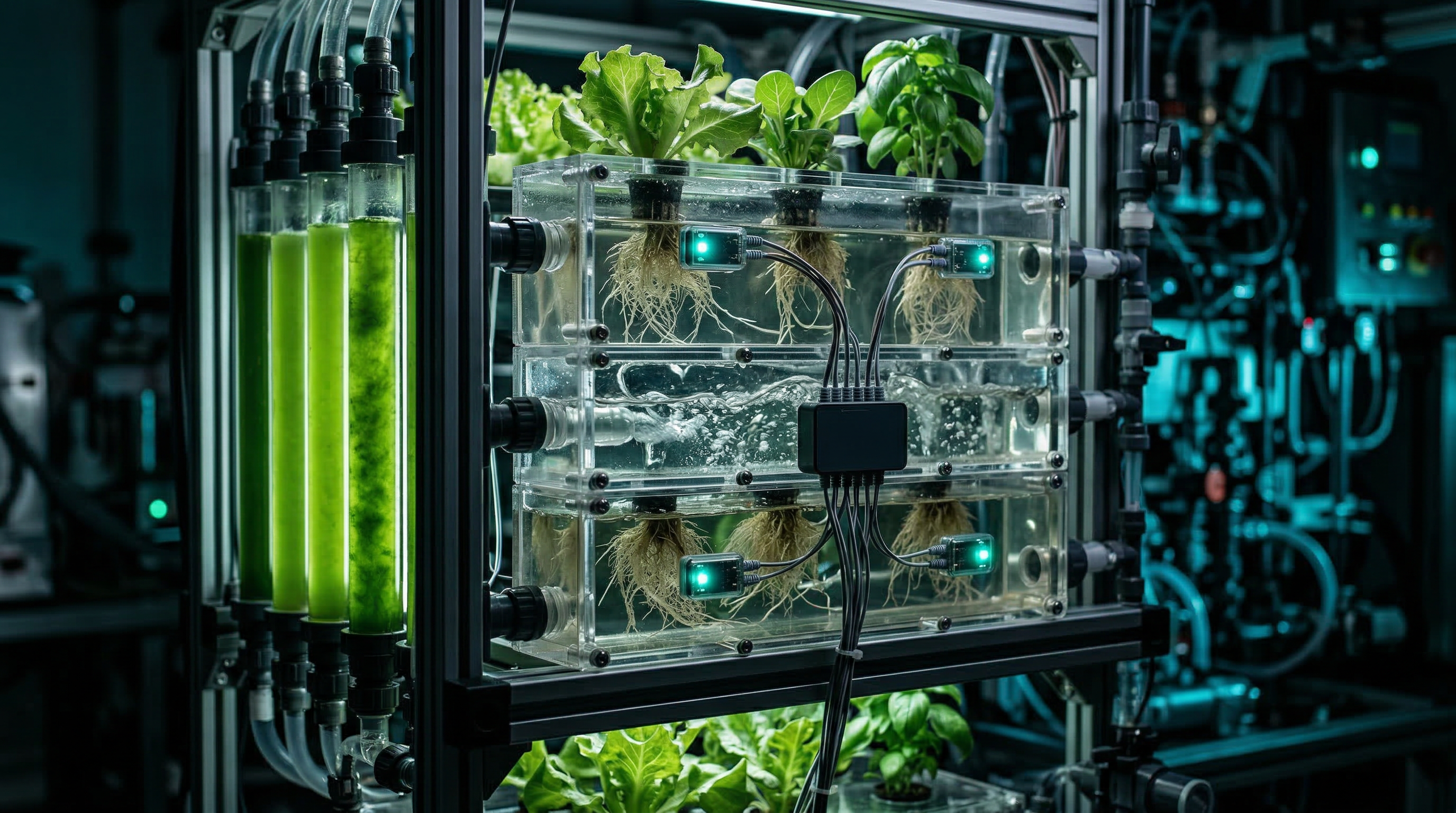 Close-up technical view of modular aquaponics bioreactor system with IoT sensors