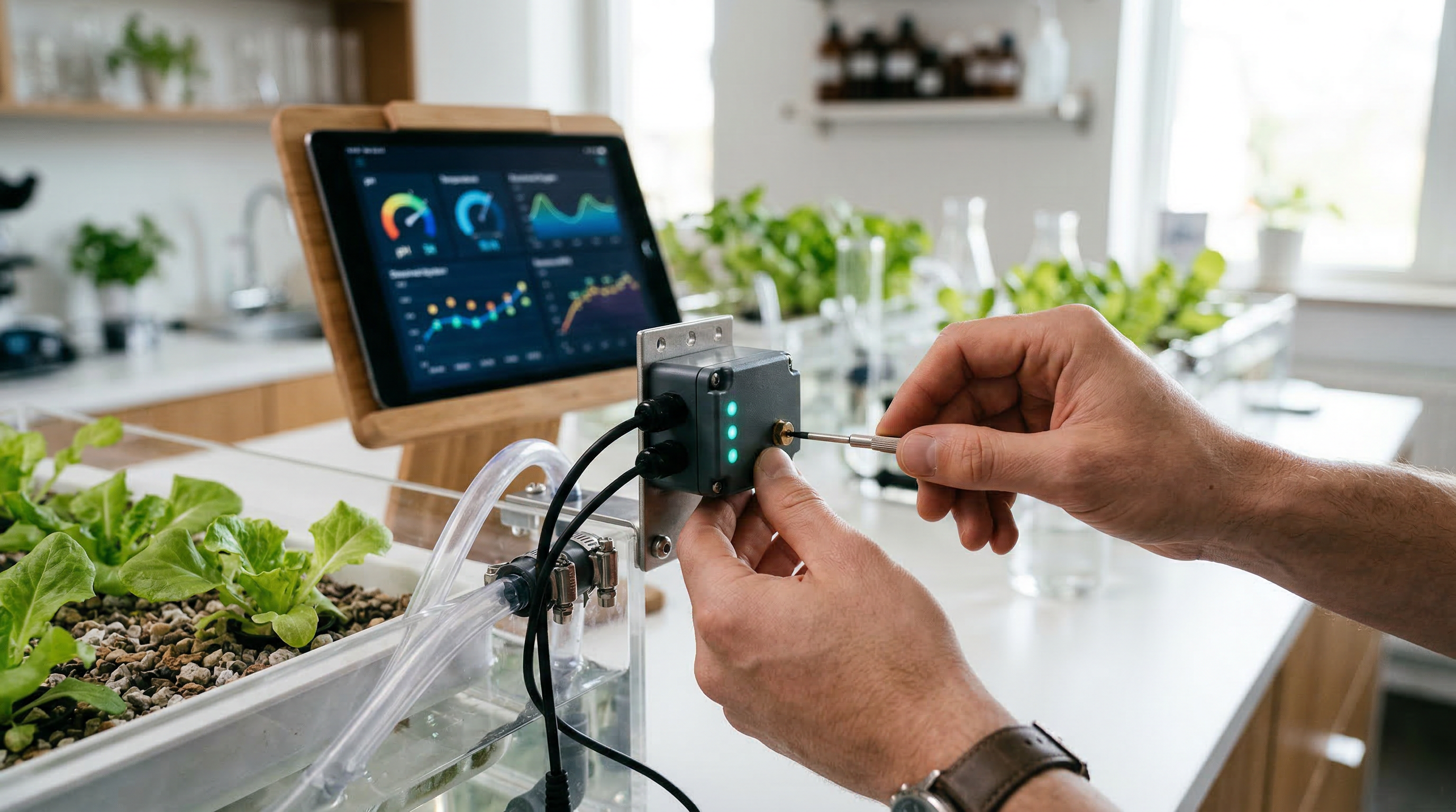 Hands adjusting a precision IoT sensor on a modular aquaponics unit